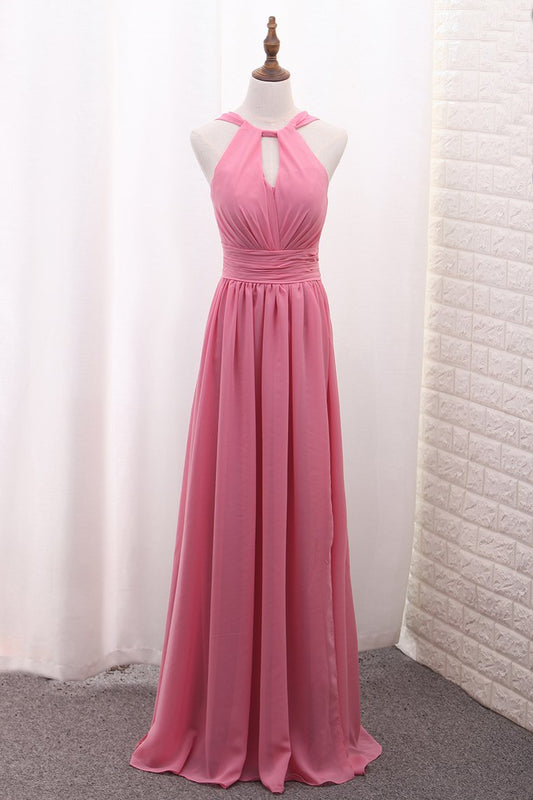 2024 Scoop A Line Chiffon Bridesmaid Dresses With Ruffles And Slit Floor Length