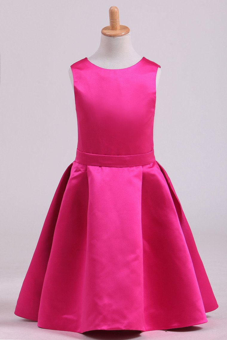 Fuchsia Scoop A Line Flower Girl Dresses Satin With Ribbon Knee Length