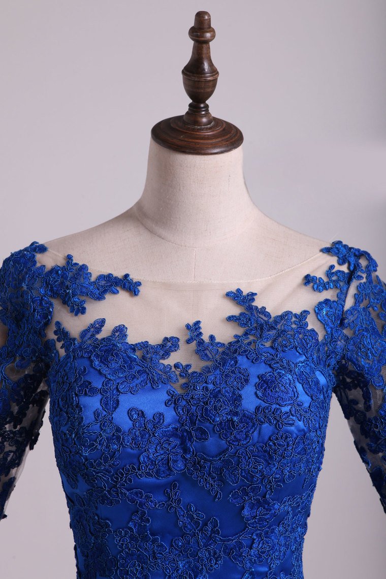 2024 Hot Bateau Dark Royal Blue Mother Of The Bride Dresses 3/4 Length Sleeve With Applique Satin