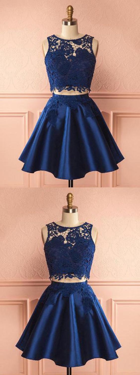 2 Pieces Homecoming Dresses Navy Blue Satin Two Pieces Lace Party London Dress