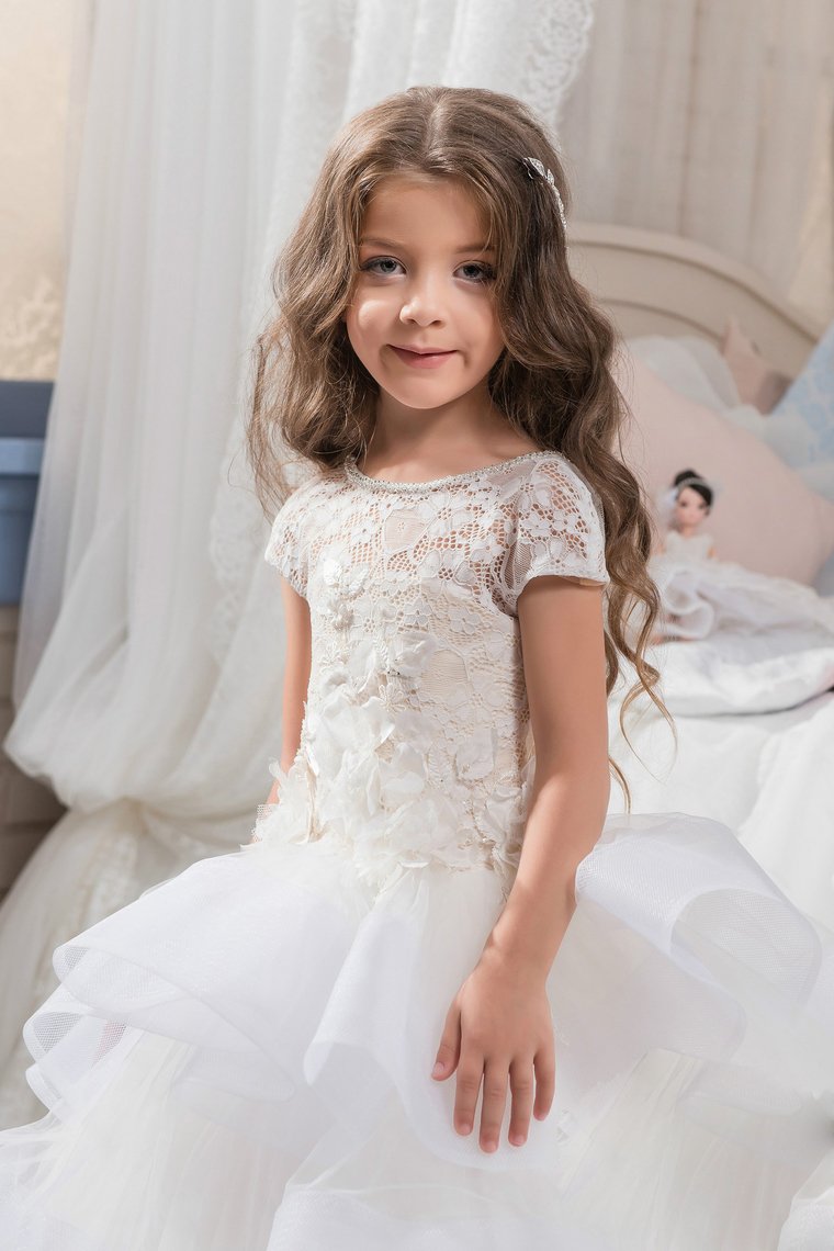 Flower Girl Dresses Ball Gown Scoop Short Sleeves Tulle With Handmade Flowers