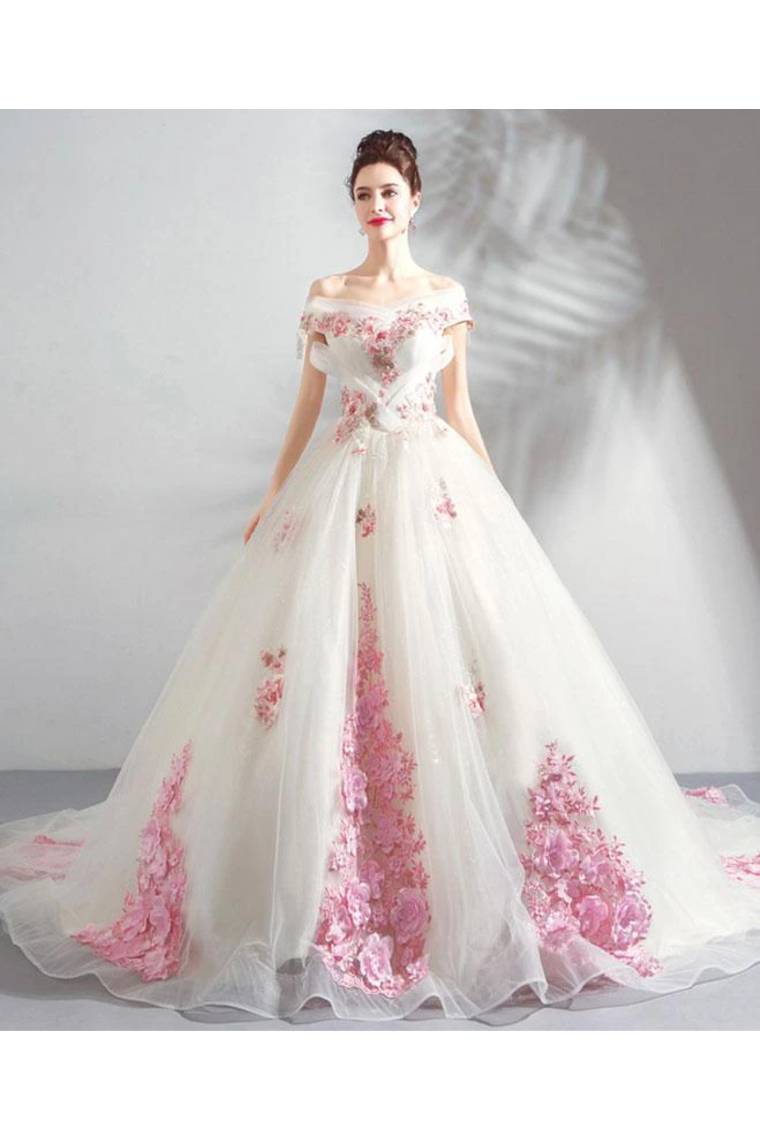 Unique Off The Shoulder Tulle Wedding Dress With Pink Flowers Ball Gown Wedding SRSPQ4NB2CL