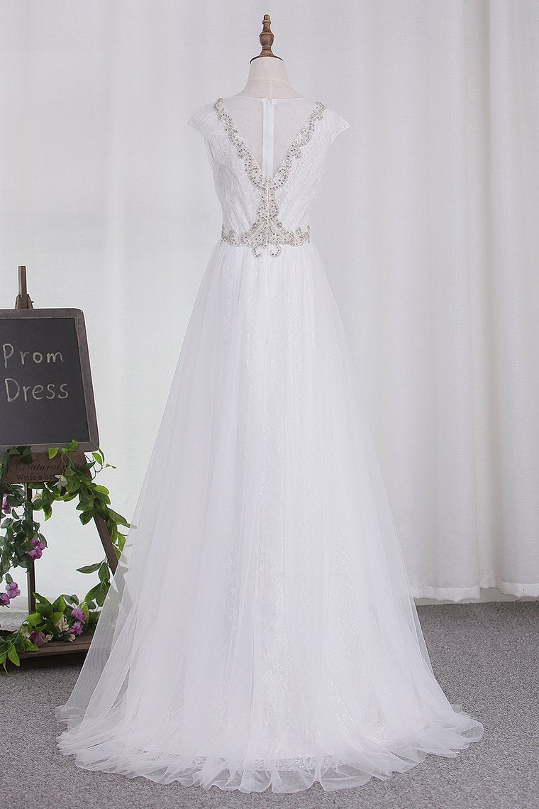 2024 Wedding Dresses Tulle Scoop A Line With Applique And Beads Sweep Train