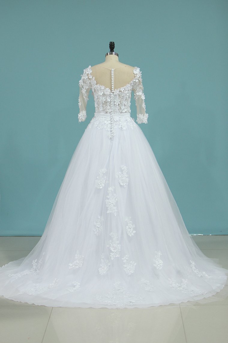 Wedding Dresses V Neck Mid-Length Sleeves Tulle With Applique