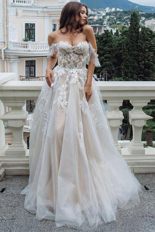 Princess A Line Off the Shoulder Sweetheart Beach Wedding Dresses with Appliques SRS15585