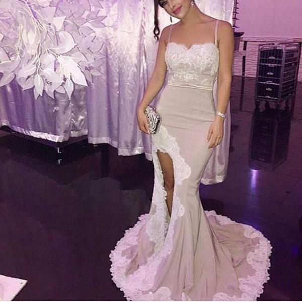 Spaghetti White Lace Sexy Mermaid Side Slit Popular Cheap Prom Dresses Bridesmaid Dress JS688