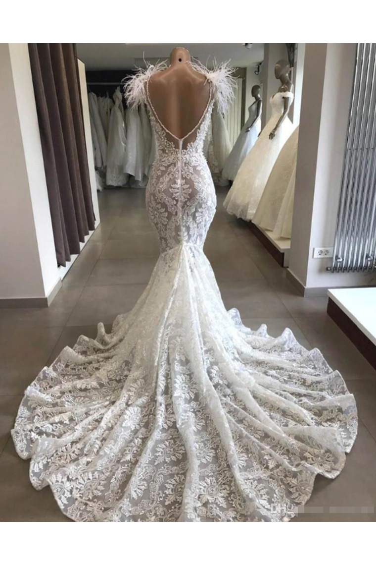 Luxury Lace Mermaid Wedding Dress With Train Sexy Open Back Pearls Wedding SRSPE5AS8YA