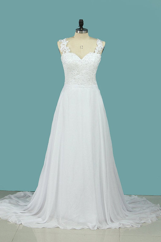 2024 A Line Straps Wedding Dresses Chiffon With Applique Sweep Train