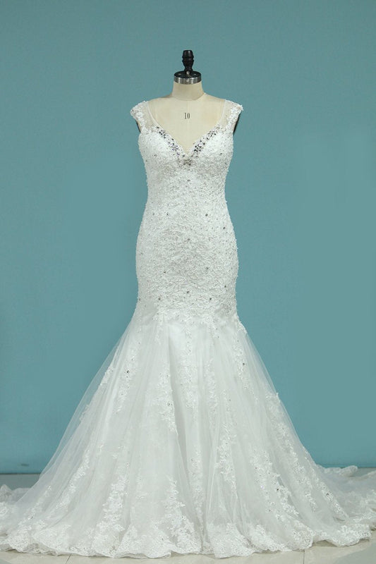 2024 New Arrival Wedding Dresses V Neck Mermaid Tulle With Applique Chapel Train