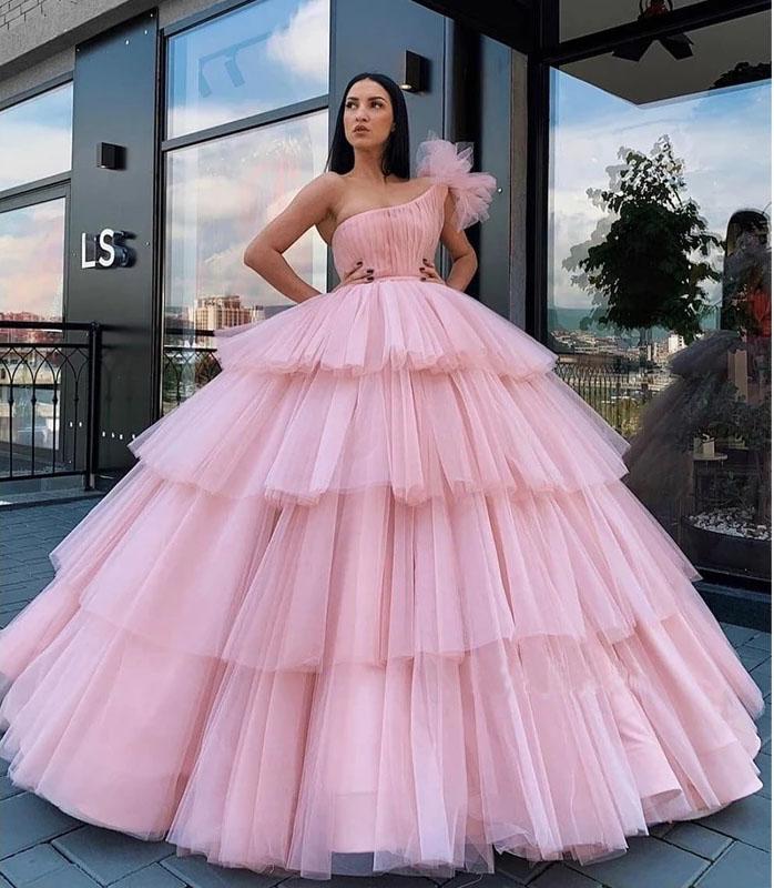 Charming Ball Gown Tulle Pink One Shoulder Long Prom Dresses, Quinceanera Dresses SRS15096