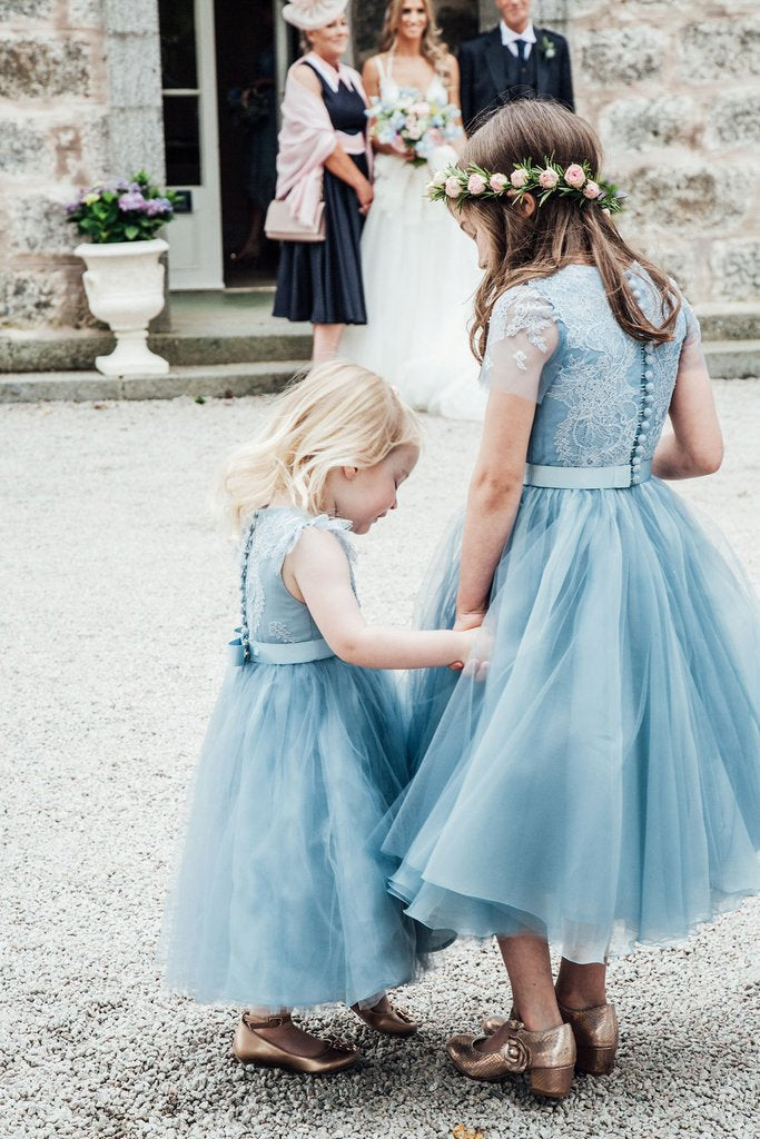 A-Line Mid-Calf Blue Lace Top Tulle Scoop Sleeveless Cheap Junior Flower Girl Dress JS528