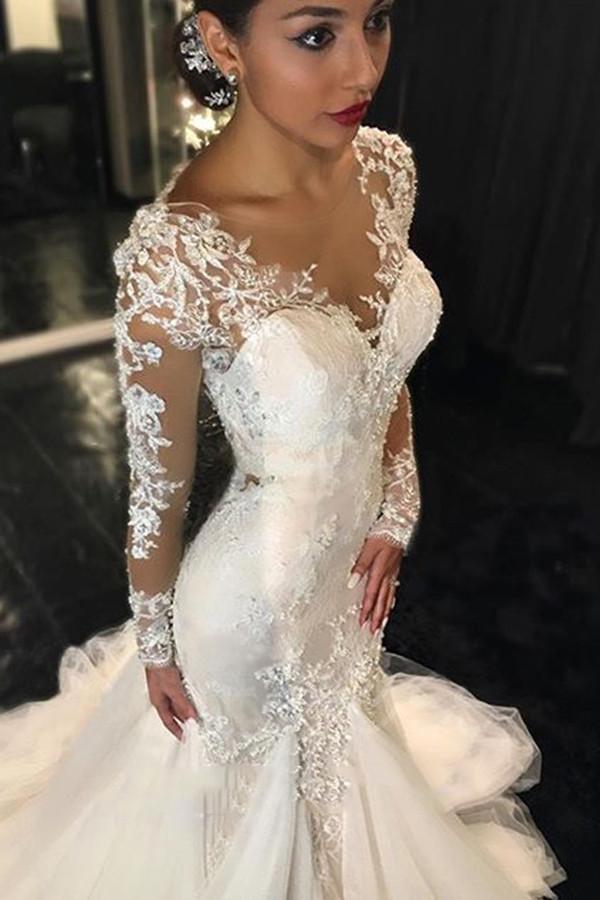 Long Sleeves Court Train Ivory V-Neck Mermaid Tulle Wedding Dress With Lace Appliques