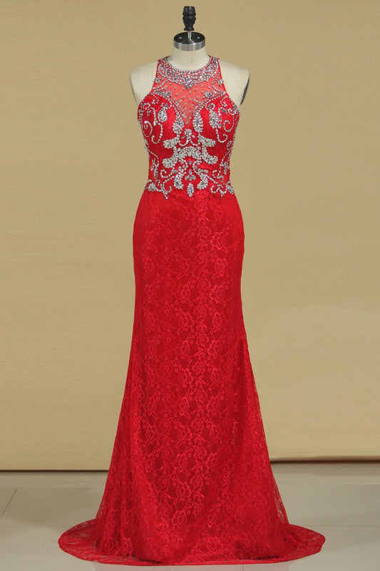 2024 Prom Dresses Mermaid Scoop Lace With Beading Sweep Train