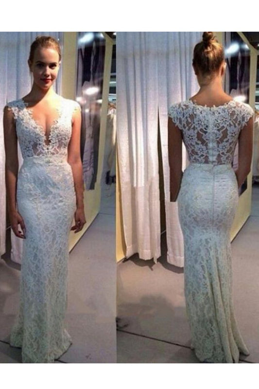 New Arrival V Neck Lace Mermaid Floor Length Wedding Dresses