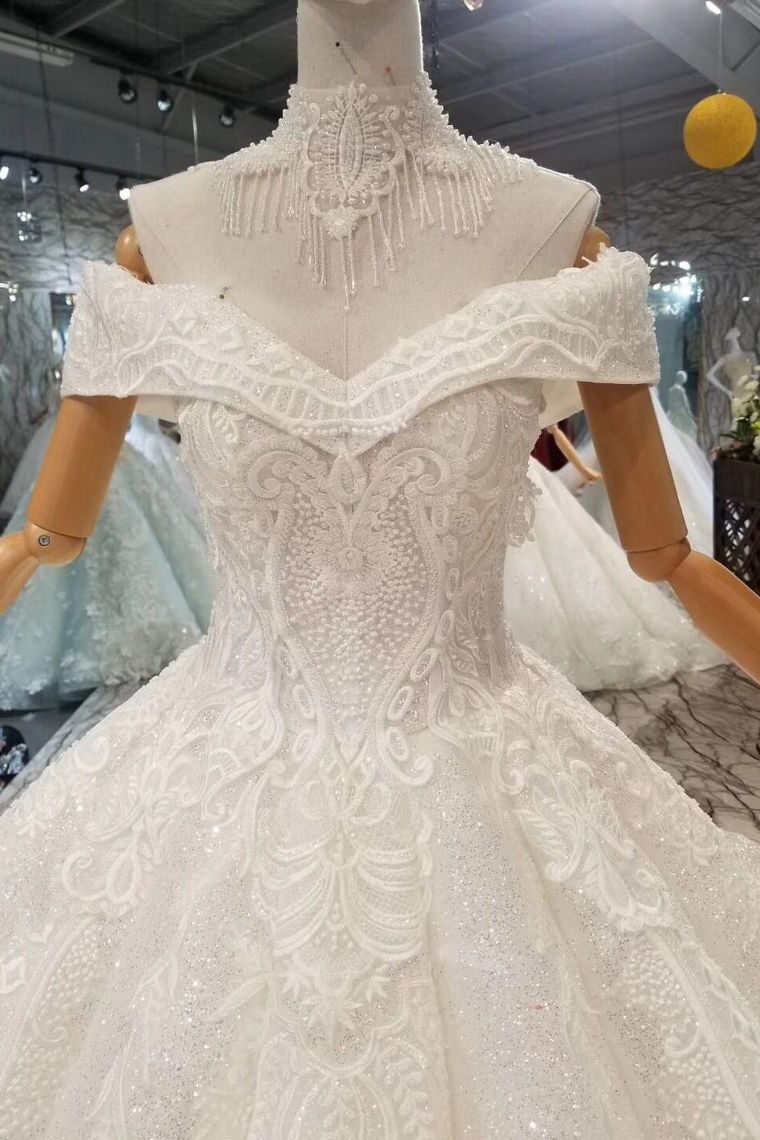 Off-The-Shoulder Ball Gown Lace Lace Up Back Royal Train Wedding Dress With Beading