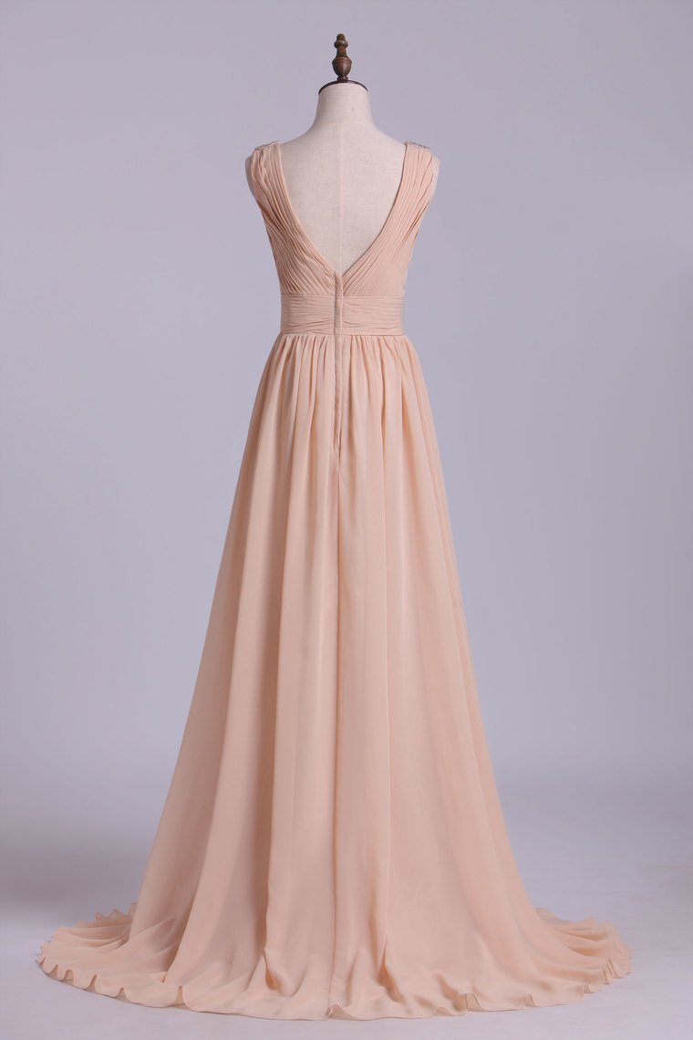 V Neck A Line Chiffon Bridesmaid Dress With Beads Floor Length