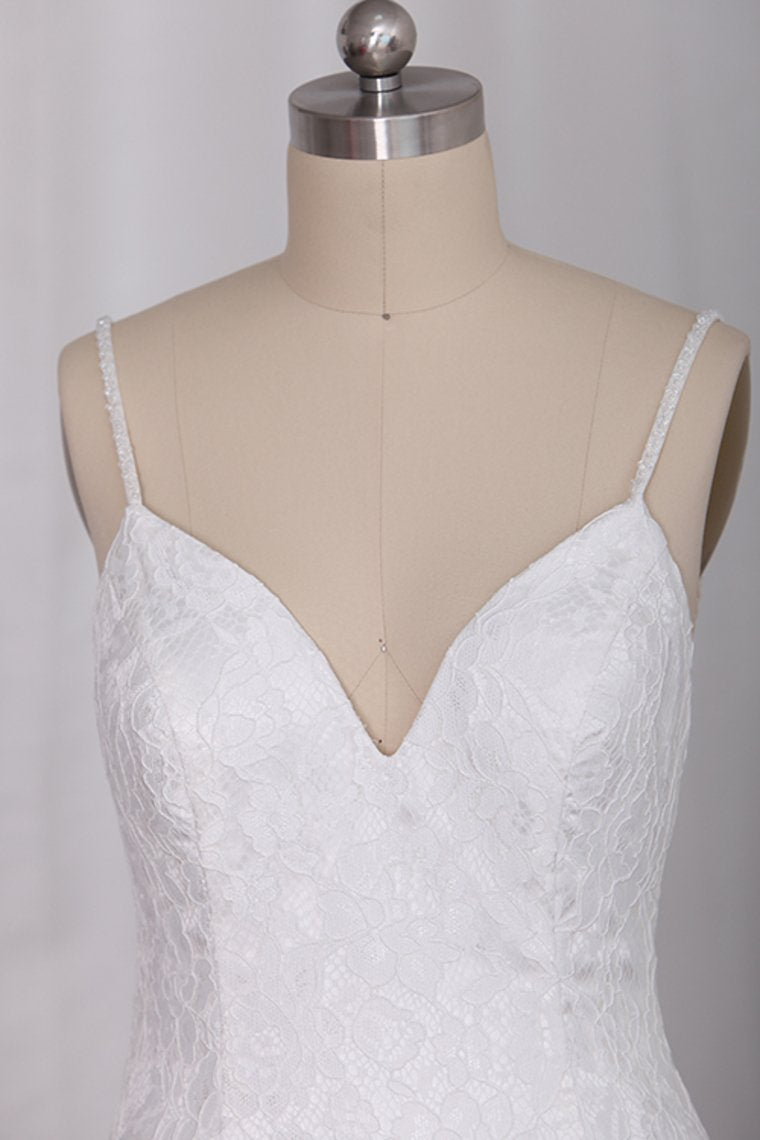 Open Back Lace Spaghetti Straps Sweep Train Wedding Dresses