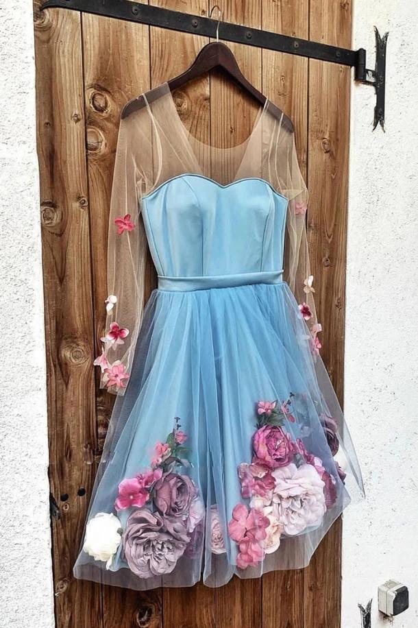 Unique Long Sleeve Blue Short Prom Dresses With 3D Appliques, Homecoming Dress SRS15604