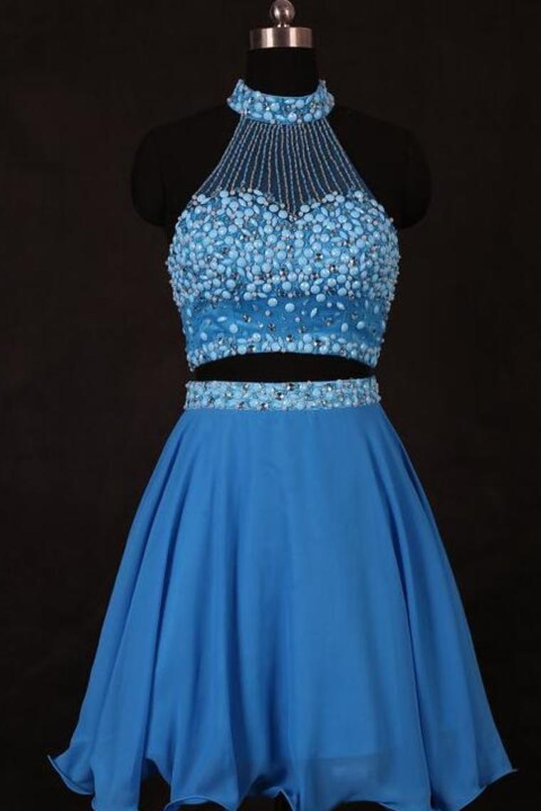 A Line/Princess Halter Homecoming Dresses Chiffon Beaded Bodice Two Pieces