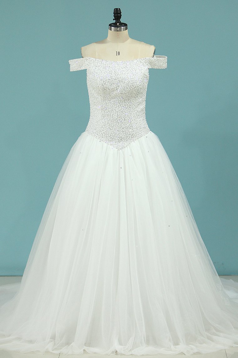 2024 A Line Wedding Dresses Boat Neck Beaded Bodice Chapel Train