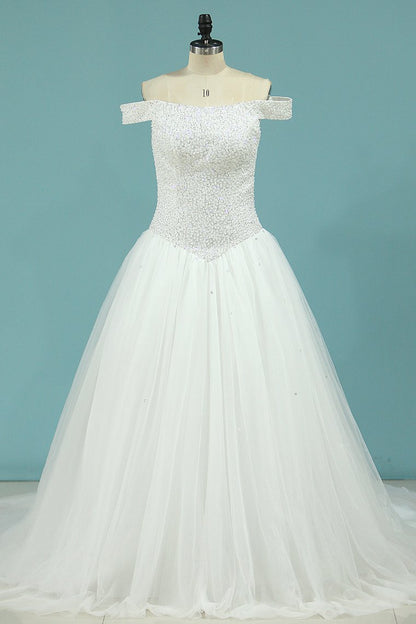 2024 A Line Wedding Dresses Boat Neck Beaded Bodice Chapel Train