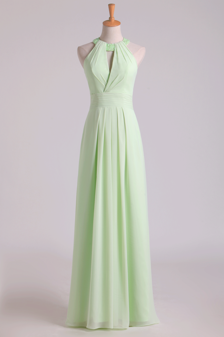 2024 Sexy Scoop A Line Bridesmaid Dresses Chiffon With Beads Sage