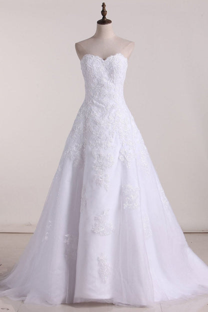 2024 Strapless Wedding Dresses A Line Tulle With Applique Court Train