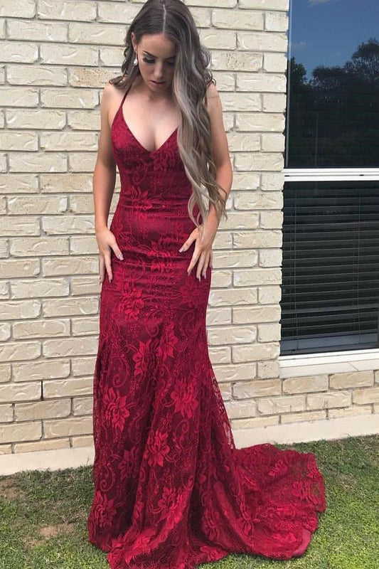 Elegant Straps V Neck Burgundy Lace Mermaid Long Evening Dresses, Prom Dresses SRS15206