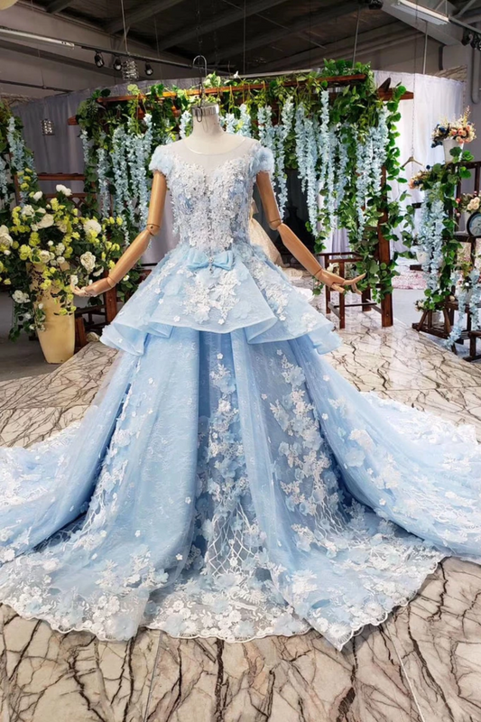 Light Sky Blue Gorgeous Prom Dress With Flowers, Ball Gown Quinceanera Dress With Beads