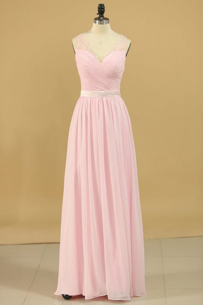 2024 Chiffon V Neck With Ruffles And Sash Bridesmaid Dresses A Line