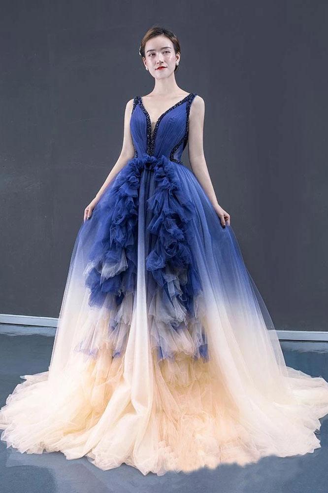 Ball Gown Ombre V Neck Tulle Royal Blue Long Prom Dresses, Quinceanera Dresses SJS15067