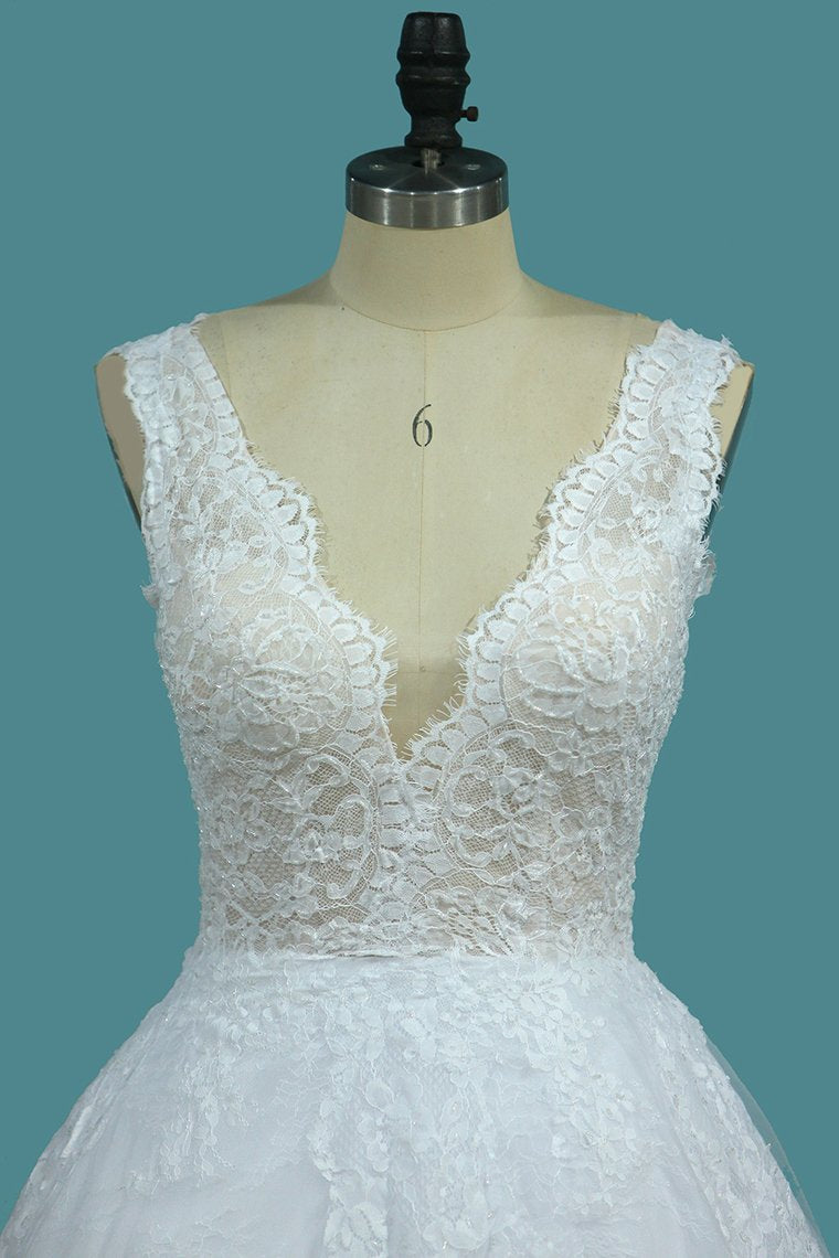 A Line Lace V Neck Wedding Dresses With Applique Open Back Court Train