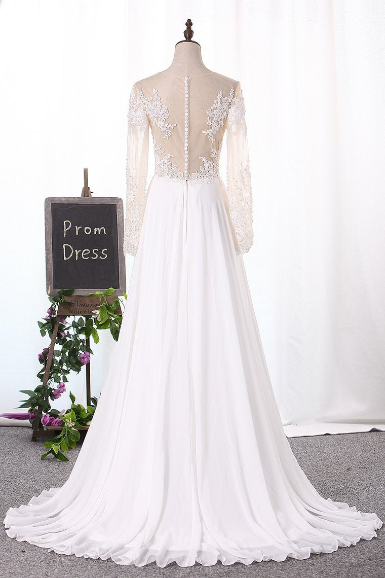 2024 Bateau Wedding Dresses Long Sleeves A Line Chiffon With Applique And Slit