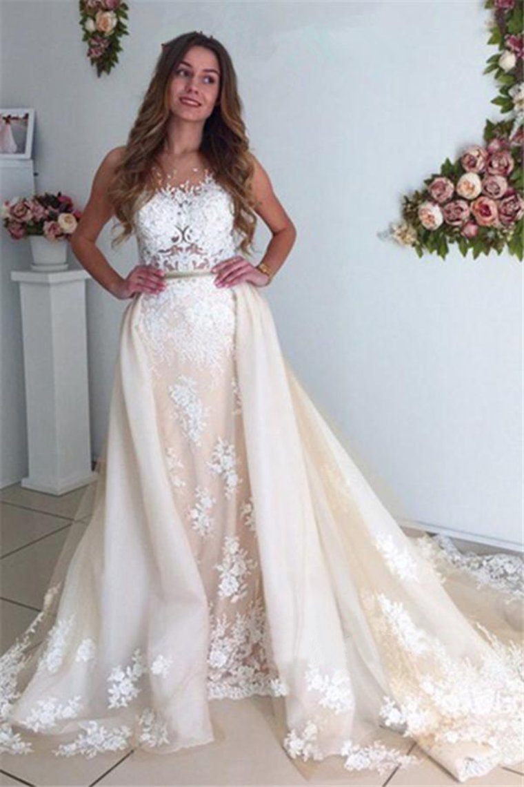 Tulle Wedding Dresses Mermaid Scoop With Applique Chapel Train Detachable