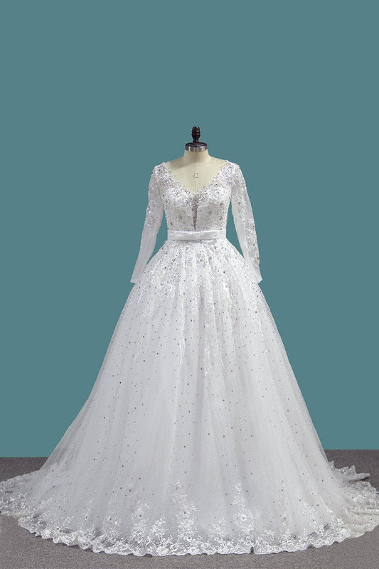 2024 A Line Long Sleeves Tulle Wedding Dresses With Applique And Sash