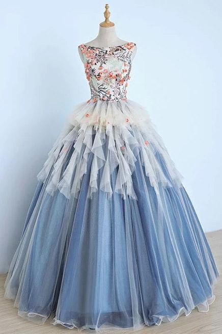 Princess Ball Gown Appliques Blue Tulle Prom Dresses, Sweet 16 Dress, Quinceanera Dress SRS15289