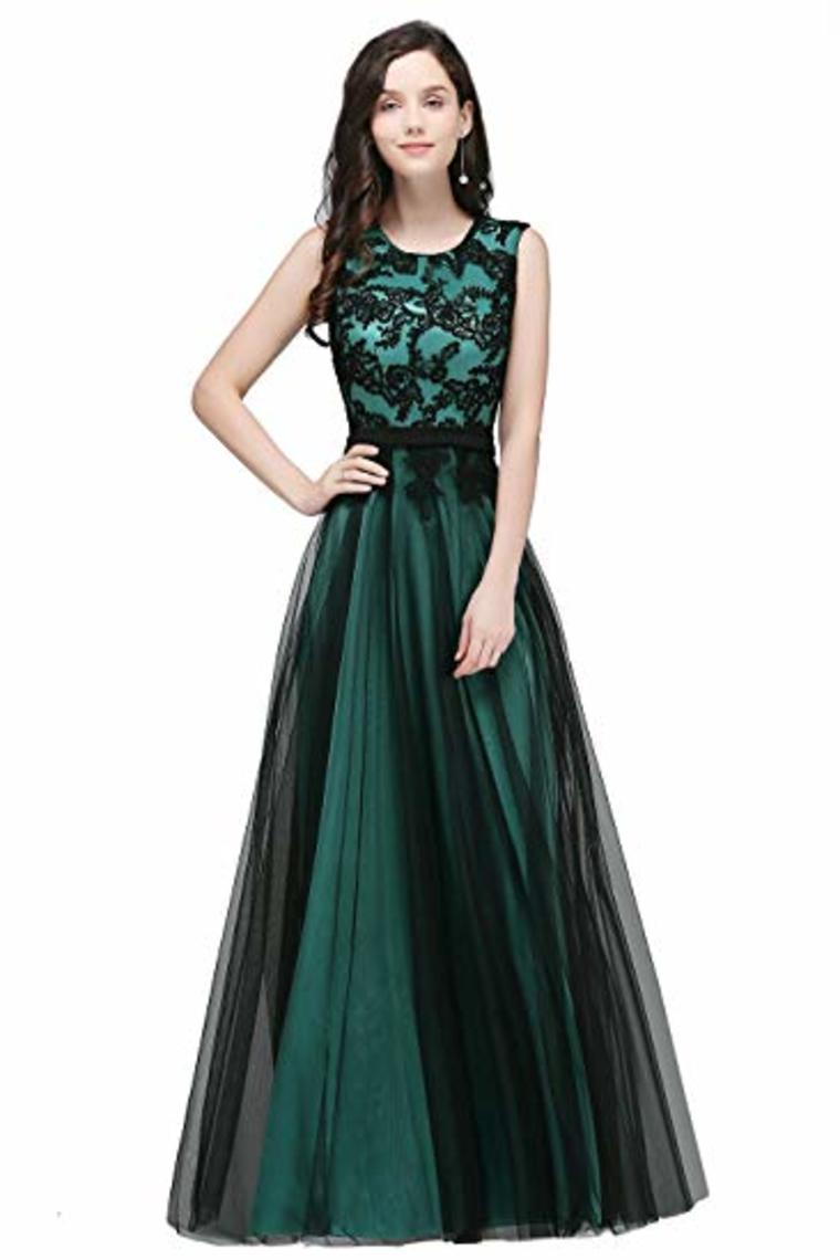 Lace Tulle Round Neck A Line Sleeveless Wedding Bridesmaid Long Evening  Festive Party Dress