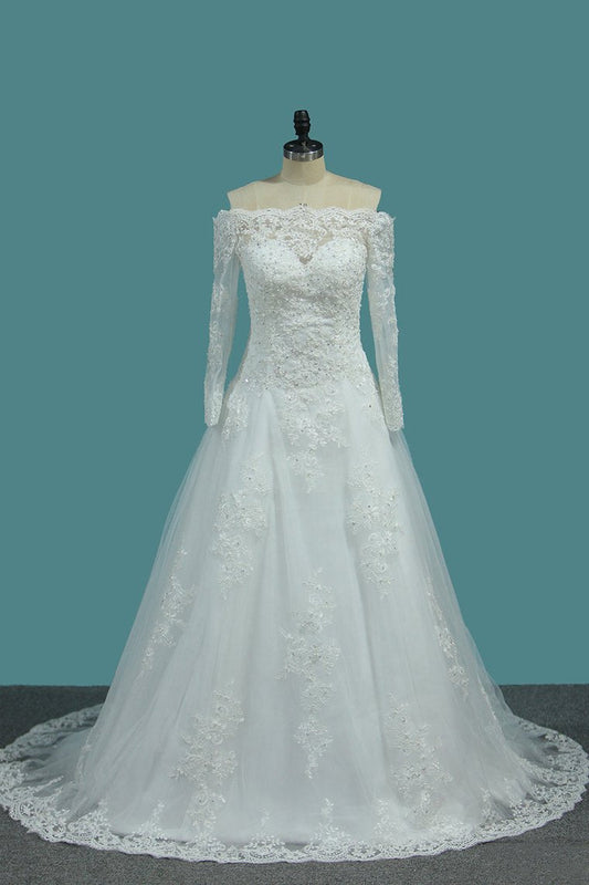 2024 New Arrival Tulle Long Sleeves Boat Neck A Line Wedding Dresses