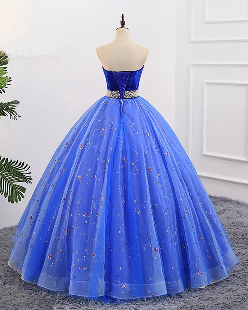 Ball Gown Sweetheart Strapless Blue Prom Dresses with Beading, Tulle Quinceanera Dresses SJS15073