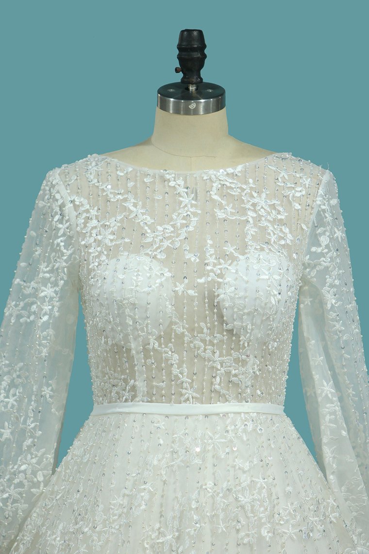 Lace Wedding Dresses A Line Scoop Long Sleeves With Sash Court Train