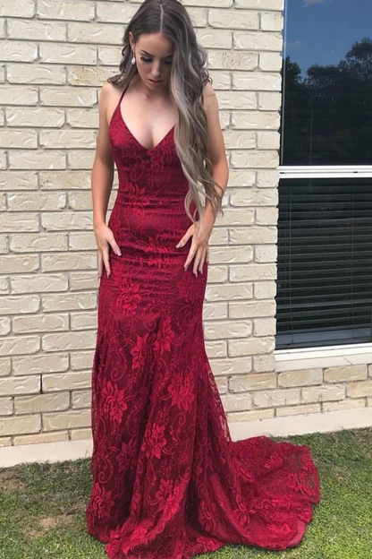 Elegant Straps V Neck Lace Mermaid Long Evening Dresses Prom SRSPS1EG38N