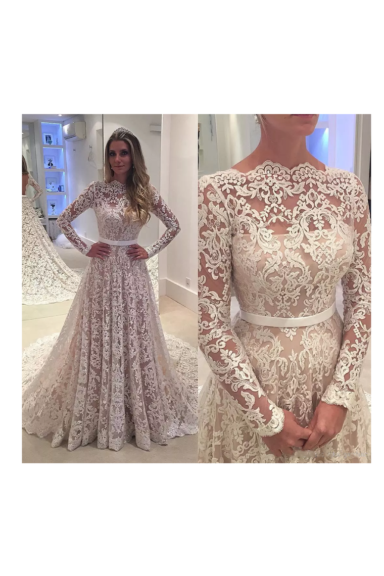 Soft Lace Wedding Dresses A Line Long Sleeves High Neck