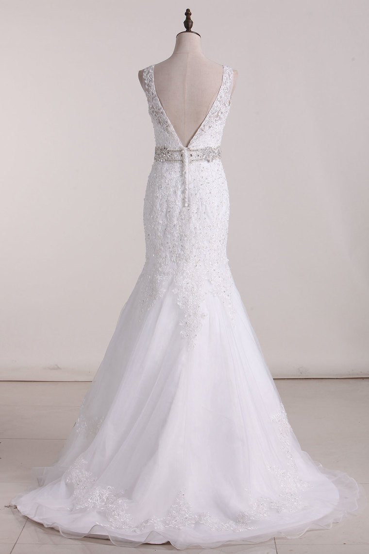 V-Neck Wedding Dresses Mermaid/Trumpet Tulle With Embroidery And Beads Court Train