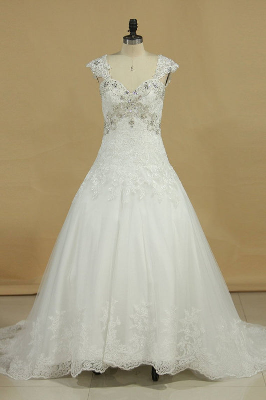 Straps A Line Wedding Dresses With Applique And Beads Tulle