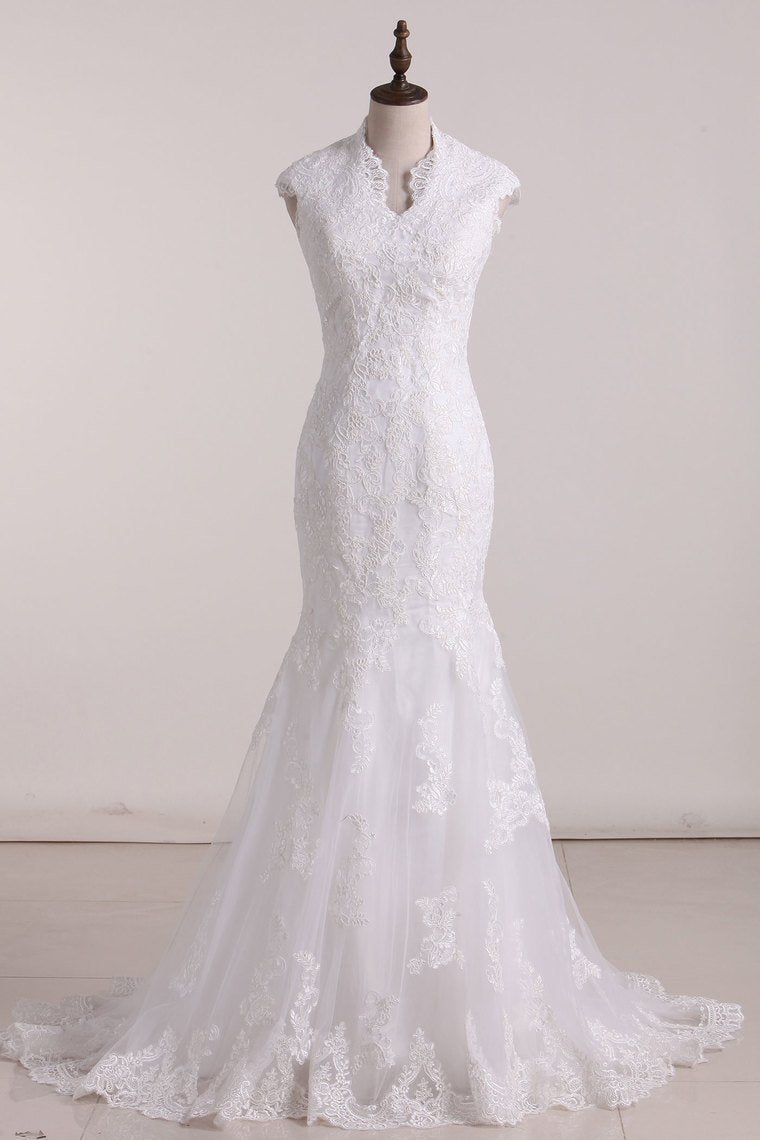 V Neck Wedding Dresses Tulle With Applique And Sash Sweep Train