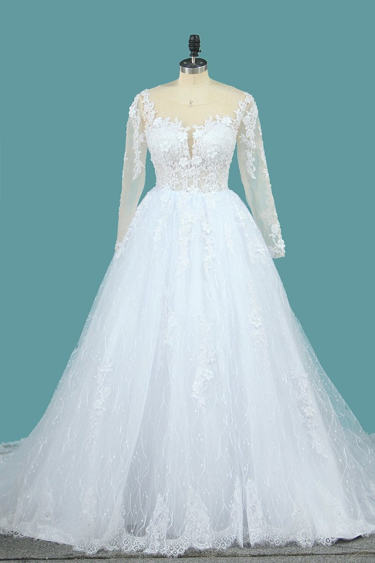 2024 Lace Ball Gown Wedding Dresses Scoop Long Sleeves With Applique And Beads Chapel Train