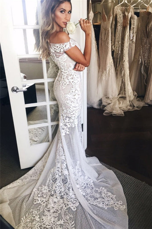 Mermaid Off-the-Shoulder Sweep Train Lace Wedding Dress Wedding Dresses JS256