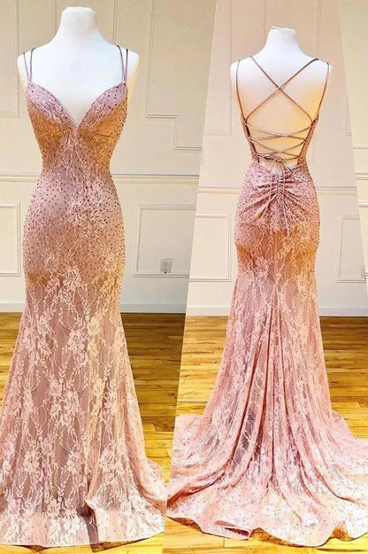 Mermaid Spaghetti Straps Pink Lace V Neck Beads Prom Dresses with SRS20426