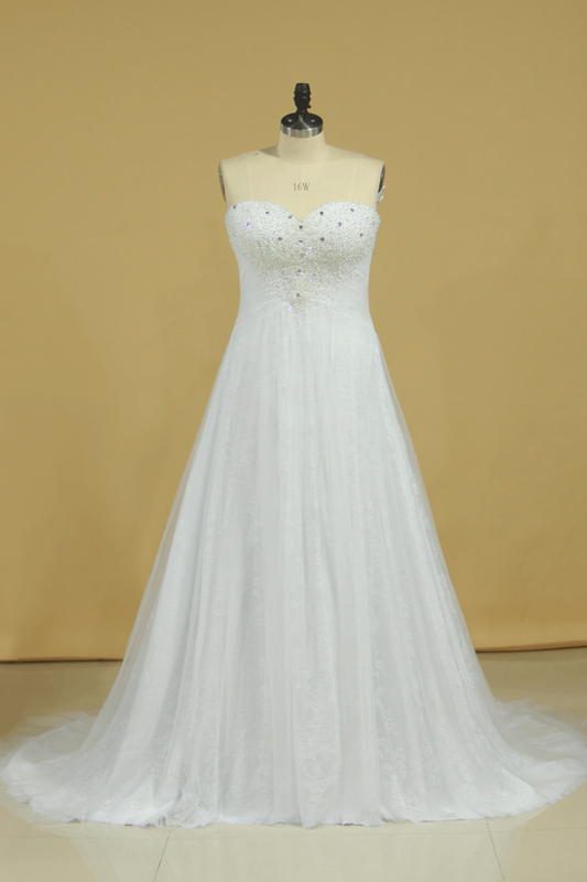 Plus Size Sweetheart Beaded Bust Empire Waist A Line Wedding Dress Chapel Train Tulle With Lace