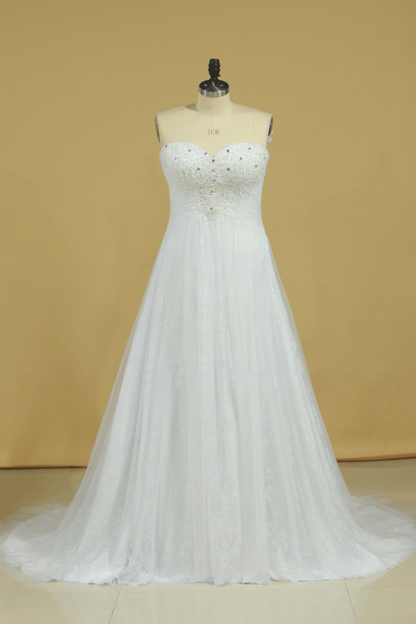 2024 Plus Size Sweetheart Beaded Bust Empire Waist A Line Wedding Dress Chapel Train Tulle With Lace